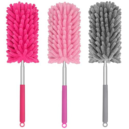 Mini Duster for Cleaning, 360° Bendable Hand Dusters with Extension Pole, Washable Small Duster for Car Interior, Office, Furniture - color: 3 Pack Red Pink Grey