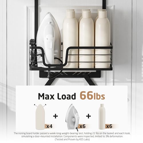 KES Over The Door Ironing Board Holder, Ironing Board Hanger Door Mount with Storage Shelf Y and T Shaped Fits for 1 3/8 Doors Matte Black, HIR501A-BK - color: Black, size: Fit 1 3/8" Door