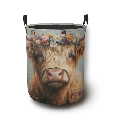 Vintage Highland Cow Laundry Basket,Butterfly Flower Foldable Oxford Cloth Laundry Hamper with Handles Waterproof Dirty Clothes Storage Basket for Bathroom Bedroom Dorm Room 16" x 20.8" - color: Vintage Highland Cow Butterfly Flower