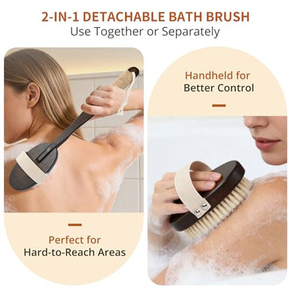 Dry & Wet Body Brush, Natural Boar Bristle Back Scrubber, Brown - color: Dark Brown