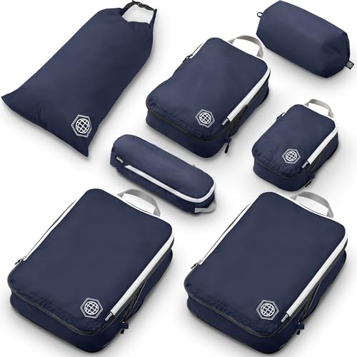 TRIPPED Travel Gear Large Compression Packing Cubes 7-Piece Set for Travel - color: Navy/White