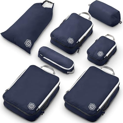 TRIPPED Travel Gear Large Compression Packing Cubes 7-Piece Set for Travel - color: Navy/White