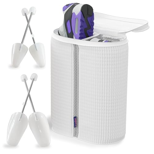 Shoe Washing Machine Bag - Shoe Bag for Washing with Adjustable Shoe Trees, Laundry Shoe Bag for 2 Shoes, Fluffy Fiber, Wrap-around Cleaning in washer and dryer, Durable Zipper, White