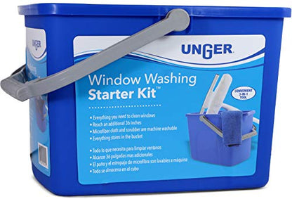 UNGER Window Washing Starter Kit with 2-in-1 10" Microfiber Combi, 3 ft Pole, Cloth, and Bucket + 32 oz Streak-Free EasyGlide Glass Cleaner Concentrate