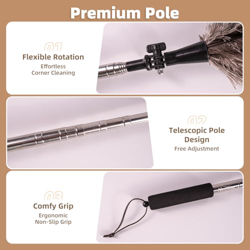 Extendable Ostrich Feather Duster for Cleaning with 49 inch Rotatable Pole - color: 49in-brown
