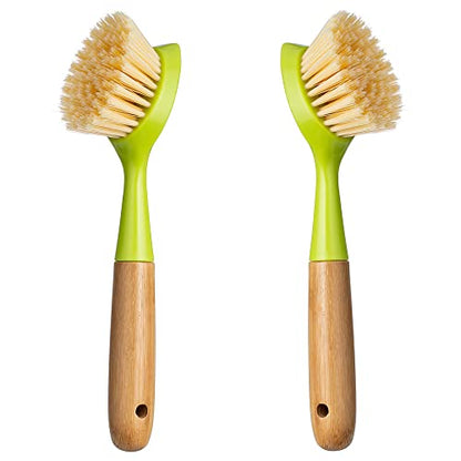 2 Pack Kitchen Dish Brush Bamboo Handle Dish Scrubber Built-in Scraper - style: Green