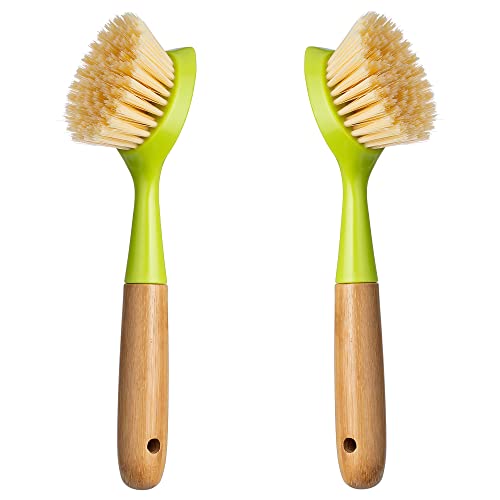 2 Pack Kitchen Dish Brush Bamboo Handle Dish Scrubber Built-in Scraper - style: Green