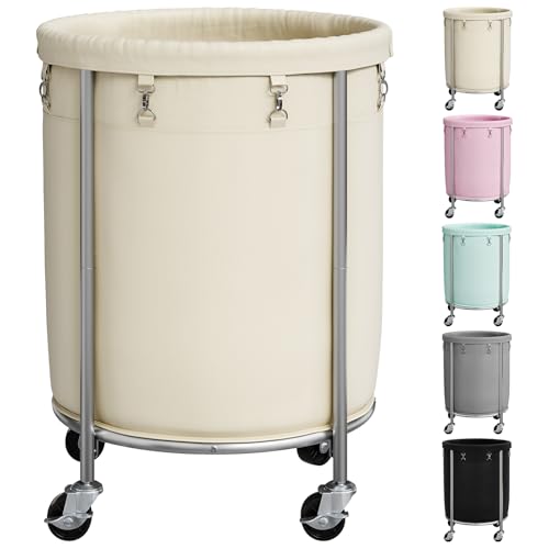 ELYKEN 190L Laundry Basket with Wheels, Steel Frame, Removable Bag, Cream - color: Cream, size: 190L