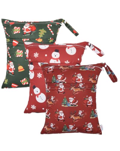 ALVA 3 Pack Wet Dry Bags for Cloth Diapers, Swimsuits & Gym Clothes, Waterproof Reusable Baby Diaper Bag with 2-Zippered Compartments, Hanging Strap, Machine Washable, Medium for Dayca - color: Christmas Coloe 52
