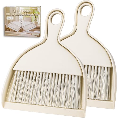 THINKLEARN 2PCS Small Dust Pan and Brush Set, Mini Broom Dustpan Kit - color: Beige