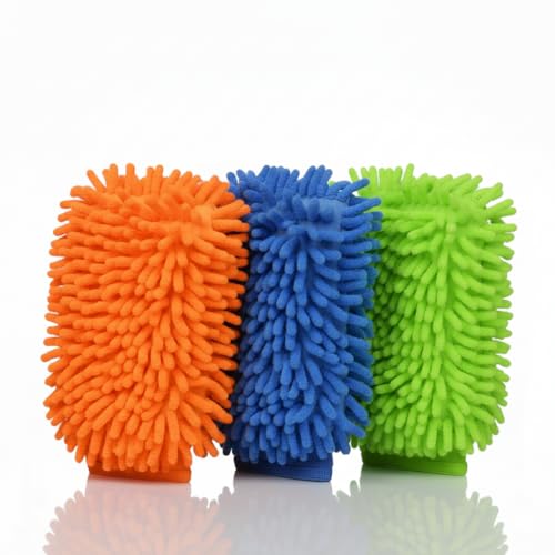 Raeyuan 3-Pack Car Wash Mitt, Premium Chenille Microfiber Wash Glove for Auto Detailing, Scratch Free & Lint Free Cleaning Kit with Elastic Cuff, Color Coded System (Blue, Orange, Green)
