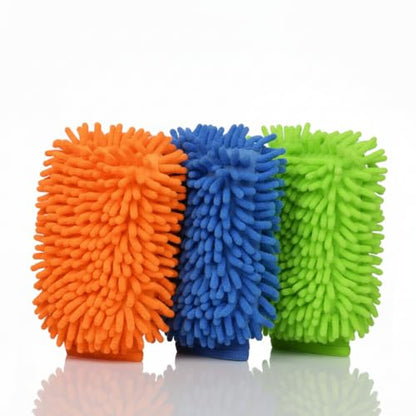Raeyuan 3-Pack Car Wash Mitt, Premium Chenille Microfiber Wash Glove for Auto Detailing, Scratch Free & Lint Free Cleaning Kit with Elastic Cuff, Color Coded System (Blue, Orange, Green)