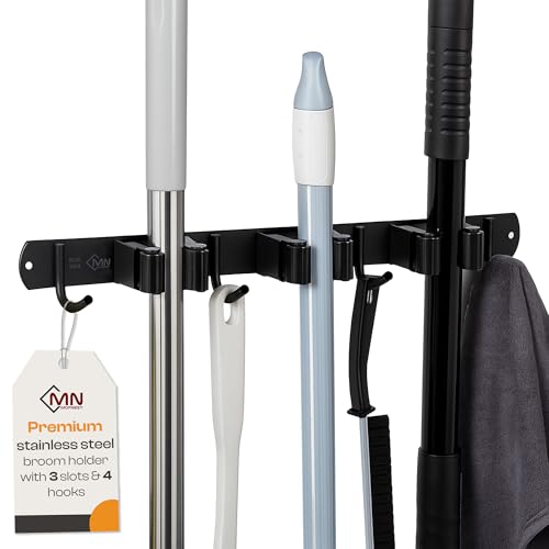 Stainless Steel Broom Holder Wall Mount, 3 Racks & 4 Hooks - size: 3 Racks & 4 Hooks