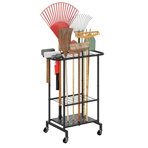 Rolling Garden Tool Organizer, Heavy Duty Steel Yard Tool Rack broom holder - style: Rack with Wheels