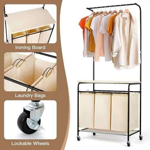 MYOYAY 3 Section Laundry Sorter with Garment Hanging Bar Rack Foldable Ironing Board, Laundry Basket Organizer Heavy Duty Laundry Hamper Rolling Cart with Lockable Wheels and 3 Removable Bags