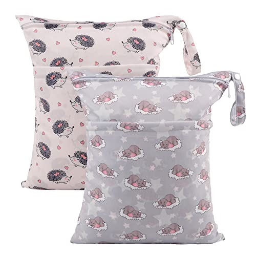 ALVA ALVABABY 2pcs Cloth Diaper Wet Dry Bags Waterproof Reusable with Two Zippered Pockets Travel Beach Pool Daycare Soiled Baby Items Yoga Gym Bag for Swimsuits or Wet Clothes LZD2324 - color: 02Elephant and Hedgehog