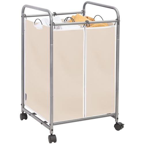 STORAGE MANIAC Laundry Sorter 2 Section, 90 L Gal Laundry Hamper with Wheels, Clothes Basket Separator Sorter, 2 Bag Cart and Removable Bags for Closet, Dorm, Collage, Beige - color: Beige, size: 2 Section