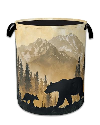 Bear Laundry Basket,Oxford Cloth Golden Mountain Forest Laundry Hamper With Handle Foldable Portable Clothes Storage Basket for Laundry Room/Bedroom/Bathroom 20.8"x16" - color: Bear Golden Mountain Forest