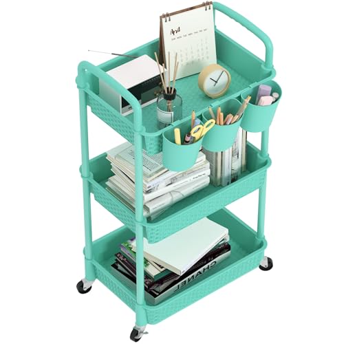 MOYIPIN 3-Tier Plastic Rolling Utility Cart with Handle,Turquoise - color: Turquoise, size: 3-Tiers with cups