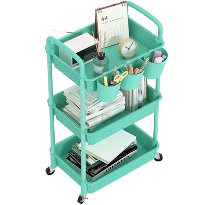 MOYIPIN 3-Tier Plastic Rolling Utility Cart with Handle,Turquoise - color: Turquoise, size: 3-Tiers with cups