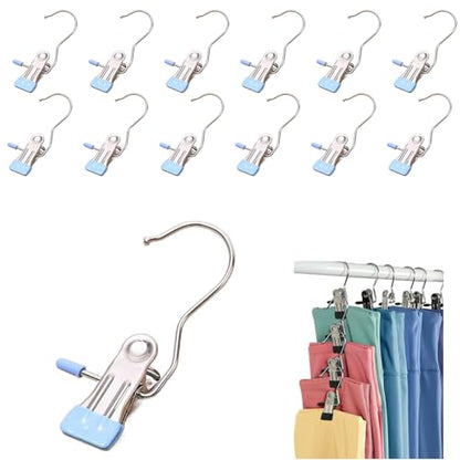 12PCS Clothes Pins, Hanging Clips, Hanger Clips, Hanger Hooks, Stainless Steel Portable Travel Hanging Hooks for Jeans, Hats, Boots, Towels (Blue) - color: Blue