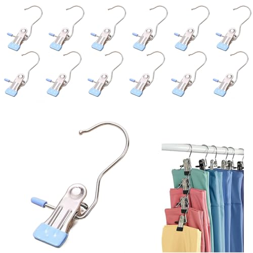 12PCS Clothes Pins, Hanging Clips, Hanger Clips, Hanger Hooks, Stainless Steel Portable Travel Hanging Hooks for Jeans, Hats, Boots, Towels (Blue) - color: Blue
