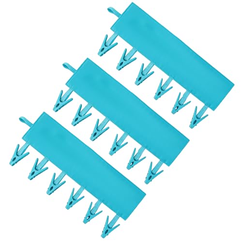 Mini Clothespins Travel Hangers 3-Pack Solid Blue, Foldable Portable Clothes Hangers with 6 Non-Slip Clips for Socks Swimsuit Towel Drying Rack, Cruise Dorm Camping Travel Essentials - color: 3-blue