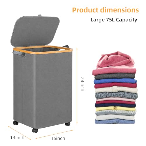 Laundry Hamper with Wheels and Lid 75L, Removable Inner Bag, Collapsible, Grey - color: Grey