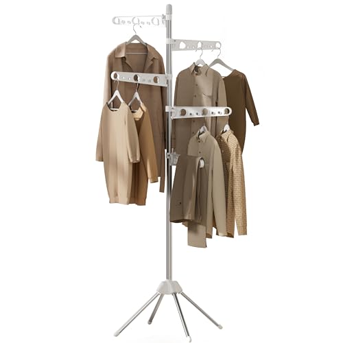 CASAMAYA Clothes Drying Rack Foldable, 70.9 inch Tripod Drying Rack for 35 Pieces of Clothes, with Height-Adjustable Rotatable Clothes Rails, Space Saving, Stainless Steel, White and Silver CDR005W01 - color: White + Silver, size: 5-Tier Standard