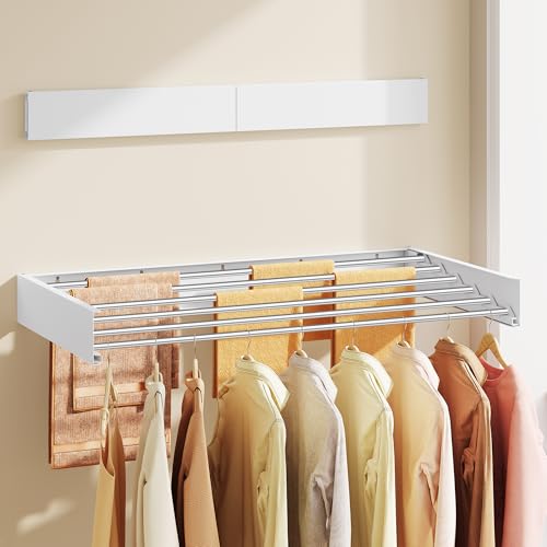 SONGMICS Clothes Drying Rack, Wall-Mounted, Foldable, with Storage Shelf - size: Foldable-39.4"W