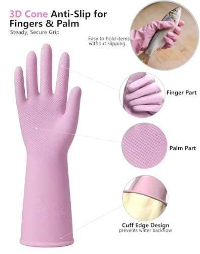 Rubber Cleaning Gloves for Dishwashing, 4 Pairs Reusable Kitchen Gloves for Washing Dishes with Non-Slip Grip, Long-lasting & Flexible Latex Free Household Gloves for Woman Men Bathroom, Medium