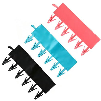Mini Clothespins Travel Hangers 3-Pack: Foldable Portable Clothes Hangers w/ 6 Clips for Swimsuit, Towel & Sock Drying Rack - Cruise, Dorms, Travel (Black, Blue, Red) - color: Black, Blue, Red