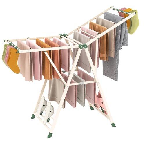 GIANTEX Foldable Metal Clothes Drying Rack, 55.5" Height Adjustable Wings - color: Beige, size: 55.5"L x 39"-58"H