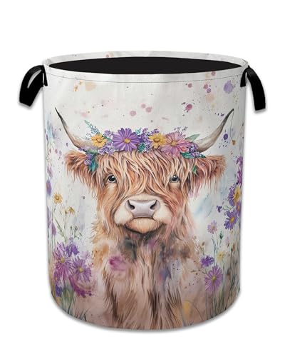 Highland Cow Laundry Basket,Foldable Oxford Cloth Flower Funny Laundry Hamper with Handles, 20.8"x16" Tote Bag Clothes Storage Bucket for Laundry Room/Bathroom/Bedroom/Dormitories - color: Highland Cow Flower Fun