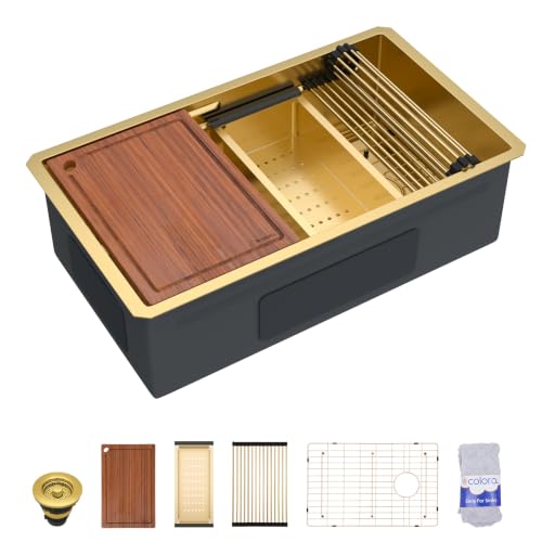 Dcolora 30"x19" Gold Undermount Stainless Steel Kitchen Sink Workstation - color: Gold, size: 30"x19"