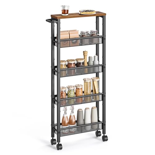 VASAGLE 5-Tier Slim Rolling Storage cart with Wheels, 5.1 Inches, Metal - color: Rustic Brown + Classic Black, size: 5 Tiers (5.1"D x 39.2"H)