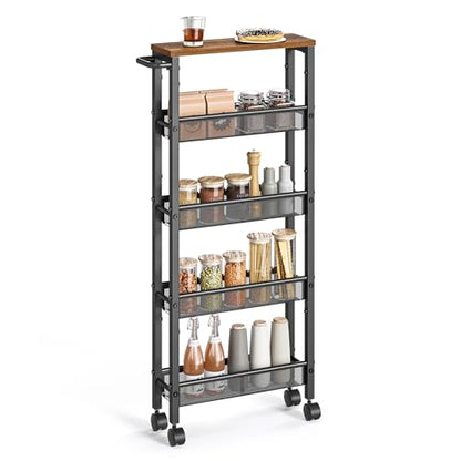 VASAGLE 5-Tier Slim Rolling Storage cart with Wheels, 5.1 Inches, Metal - color: Rustic Brown + Classic Black, size: 5 Tiers (5.1"D x 39.2"H)