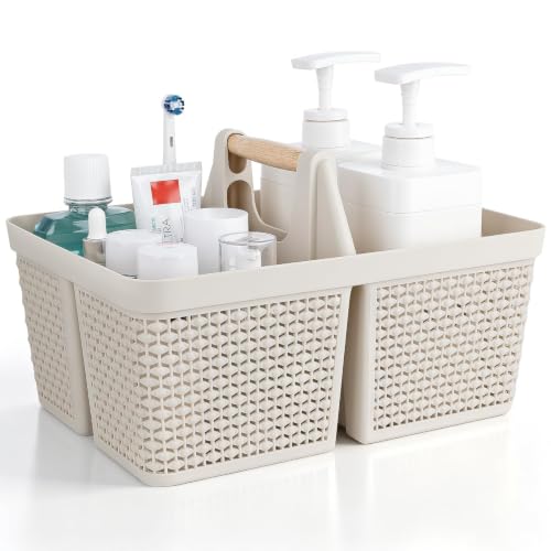 UUJOLY Portable Plastic Shower Caddy Basket with Wooden Handle, Beige - color: Beige