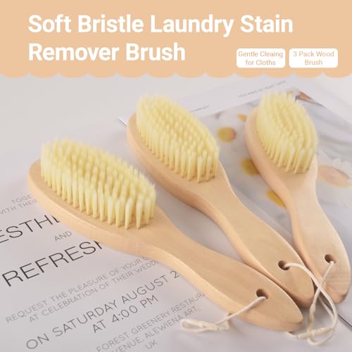 DXary 3 Pack Wood Laundry Stain Brush Very Soft Bristle Shoe Long Handle