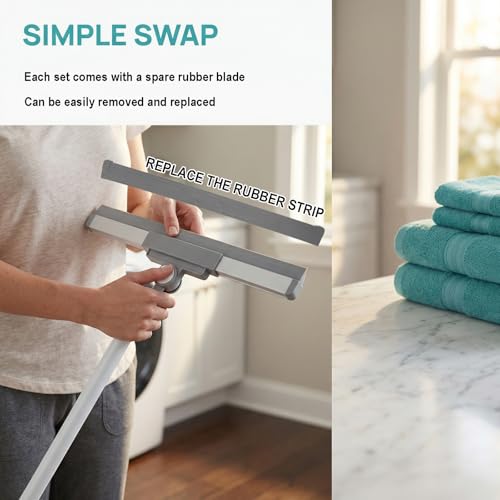 Floor Squeegee Broom - 52" Long Handle Rubber Scrubber for Bathroom, Tile, Shower, Glass, Pet Hair, Hardwood Floor - Adjustable Long Handle, Water Wiper with Replacement Blade (White)