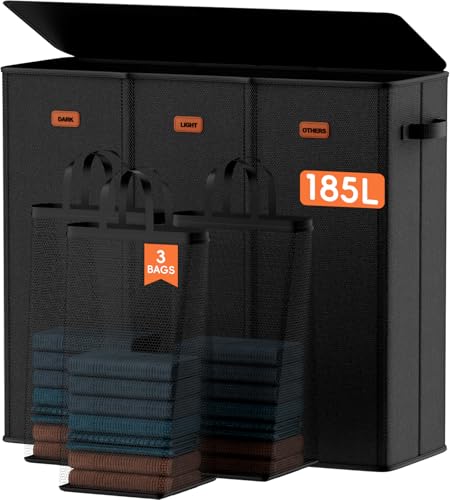 185L Laundry Hamper 3 Section, Laundry Hamper with Lid, Dirty Clothes Hamper with 3 Removable Washing Bags, Extra Large Laundry Basket Organizer for Bedroom, Laundry Room, Dorm - Black - color: Black, size: 48.86 Gal - 3 Section