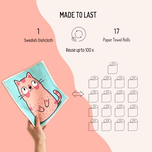Swedish Dishcloths 6 Pack, Reusable Paper Towels Super Absorbent and Quick Drying for Kitchen, Biodegradable Washable Dish Towels Dishwasher Safe, Premium Cleaning Cloths with Watercolor Design (Cat) - color: Cutecat Theme