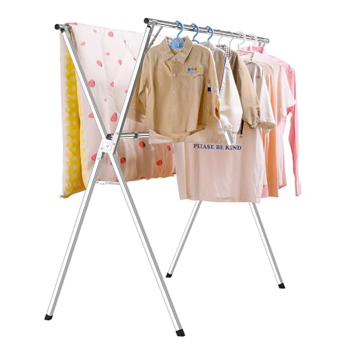 funest Drying Rack Clothing, 79 Inches Adjustble & Foldable Laundry Drying Rack, Heavy Duty Stainless Steel Clothes Drying Rack with 20 Hooks, 12 Clips, Suitable for Indoor, Outdoor and Balcony