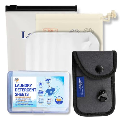 Travel Laundry Detergent Sheets, Portable Clothesline with Universal Sink Stopper – Lightweight Clothesline, Laundry Detergent Sheets & Sink Stopper best for Cruise, Hotel, Camping & On-the-Go Washing - style: Travel Laundry 5-piece Bundle with Lt Clothes