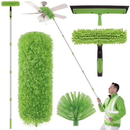30 Feet High Reach Duster Kit with 2-24 ft Extension Pole High Ceiling Dusting and Window Cleaning Kit with Window Washer & Squeegee, Cobweb Duster, Washable Head for Ceiling Fan(Green) - color: Green, size: 30 ft