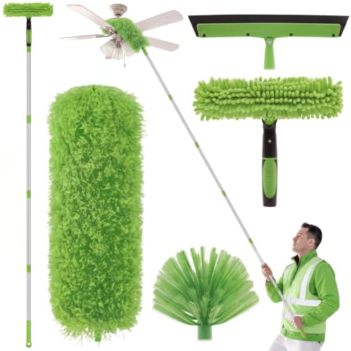 30 Feet High Reach Duster Kit with 2-24 ft Extension Pole High Ceiling Dusting and Window Cleaning Kit with Window Washer & Squeegee, Cobweb Duster, Washable Head for Ceiling Fan(Green) - color: Green, size: 30 ft