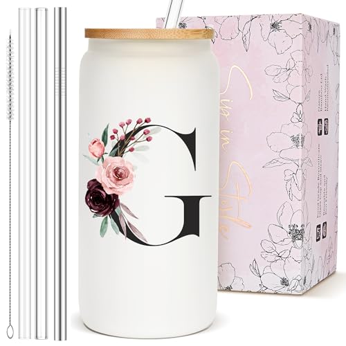 Personalized Gifts for Women, Cute Glass Cups with Lids and Straws, Customized Initial Iced Coffee Cup Drinking Glasses, Custom Letter Tumbler Mug, Nana Grandma Gigi Mimi Grandmother Momma Gifts, G - style: Letter G