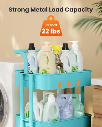 Pipishell Metal 3 Tier Rolling Cart with Handle & Wheels, Turquoise - color: Turquoise, size: 3-Tier