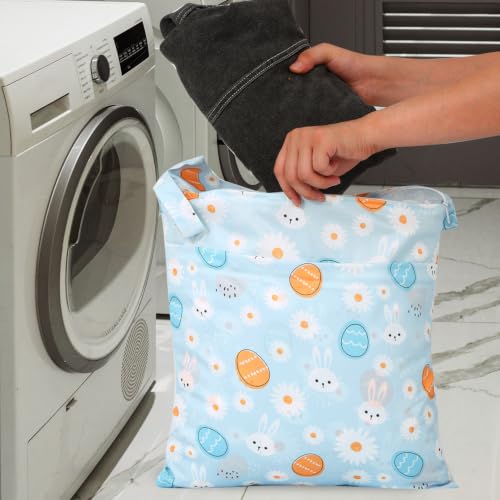 2pcs Travel Waterproof Laundry Bag, Cloth Diaper Wet Dry Bags with Handle 2 Zipper Pockets Washable Dirty Clothes Travelling Hanging Bathing Beach Daycare Yoga Gym Sports Exercise Swimsuits - color: Cartoon 3 White + Blue