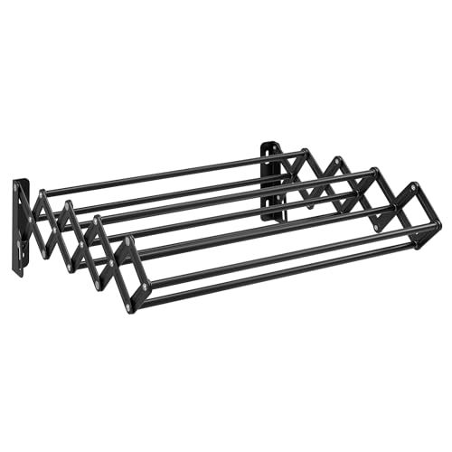 SONGMICS Clothes Drying Rack, Wall-Mounted, 9 Staggered Hanging Rods - color: Ink Black